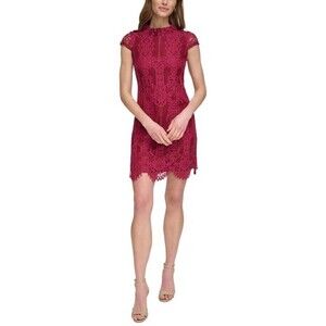 Vince Camuto Women's Lace Mock-Neck Shift Cocktail Dress Burgundy Wine Red